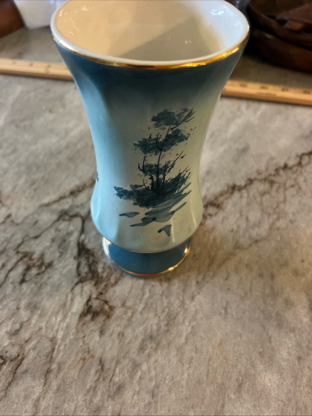 Vintage Blue Ceramic Decorative Vase Nautical with Gold Trim Made in Portugal